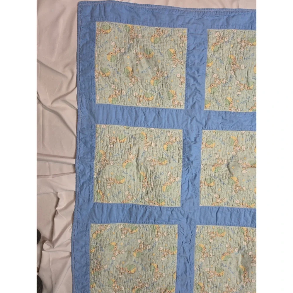VTG 90's Precious Moments Quilted Baby Crib Blanket 42 X 32 Boys Baseball